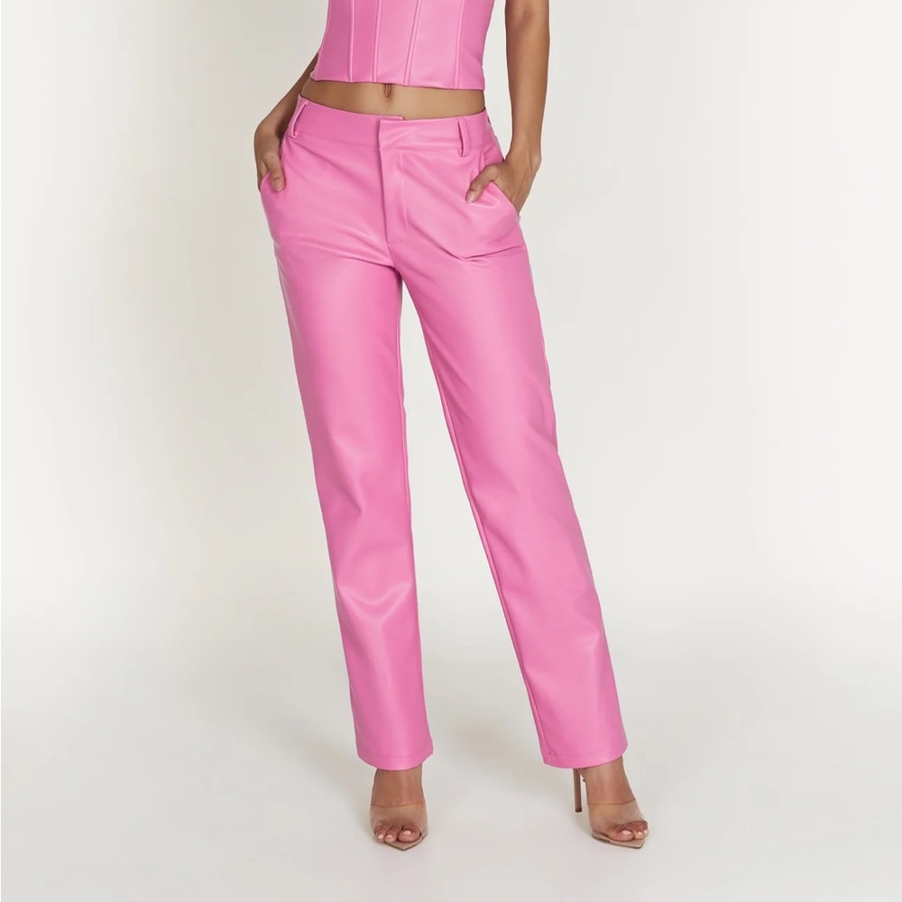 Meshki Slouchy Low Rise Faux Leather Pants – Rose Pink
